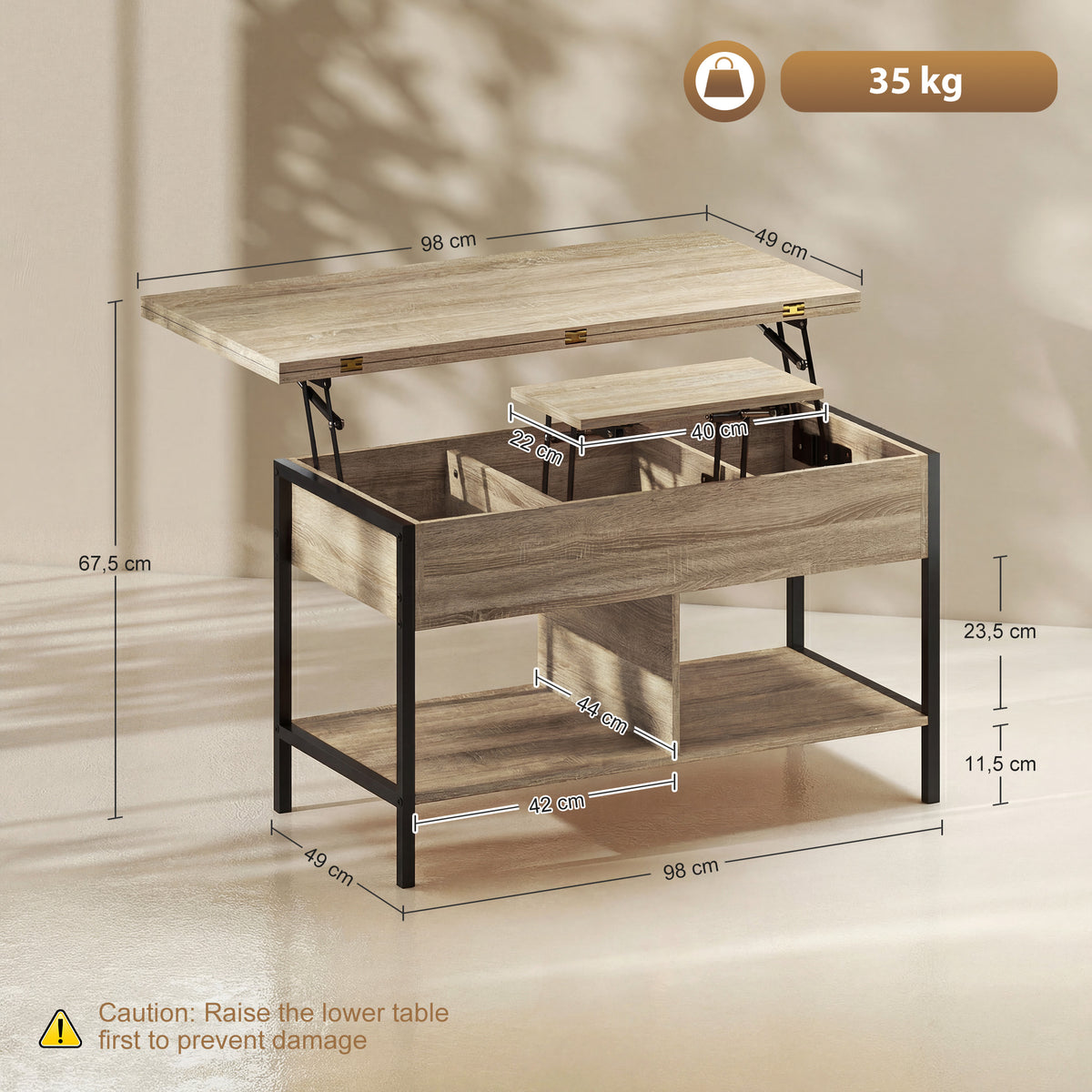 Table basse relevable et extensible, compartiment caché étagères ouvertes, 98x49x55cm, bois naturel