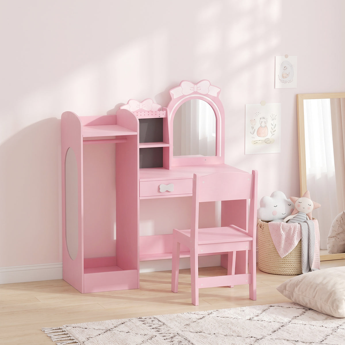 Coiffeuse pour Enfants avec Tabouret et Miroir Lumineux, Rose