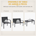 Salon de jardin extérieur 4 pièces avec canapé 2 places, 2 chaises et table basse en verre trempé, noir