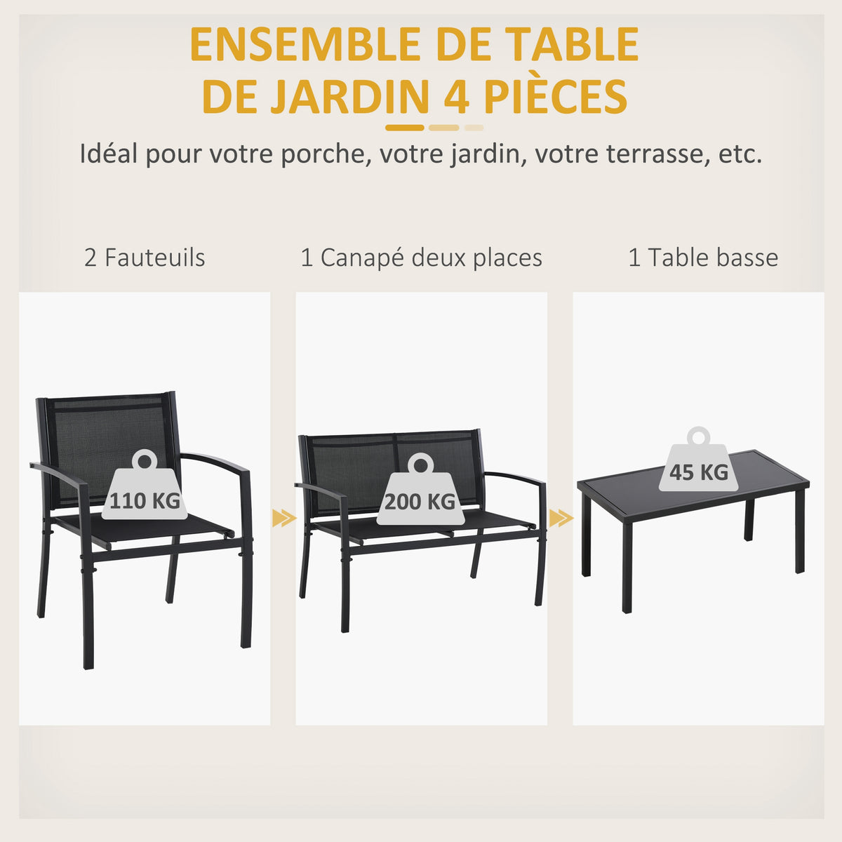 Salon de jardin extérieur 4 pièces avec canapé 2 places, 2 chaises et table basse en verre trempé, noir