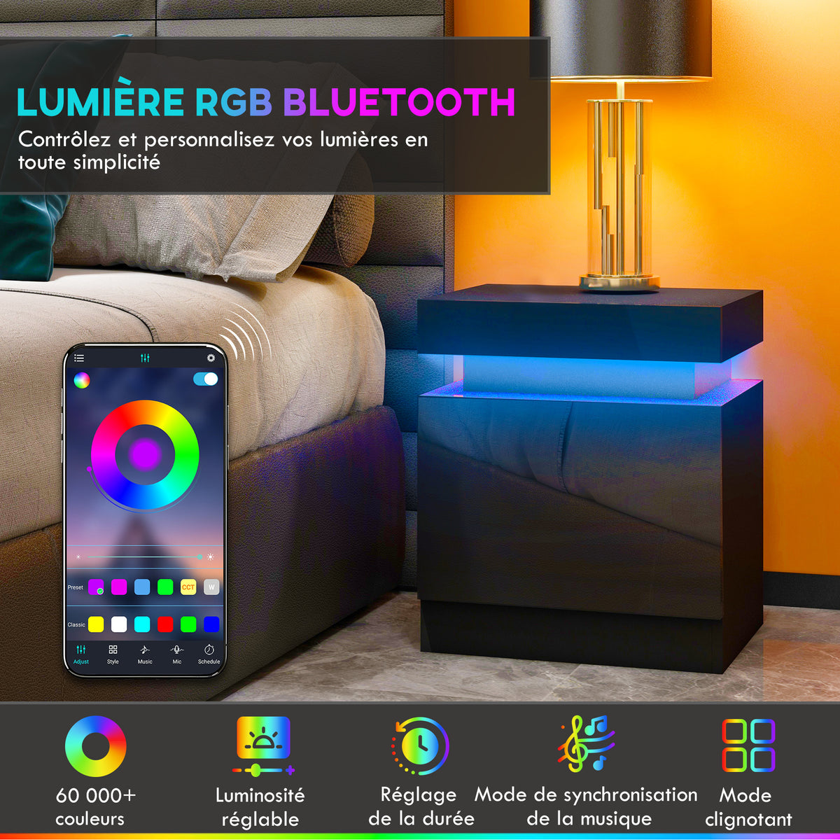 Table de chevet lumière LED RVB haute brillance avec 2 tiroirs noir