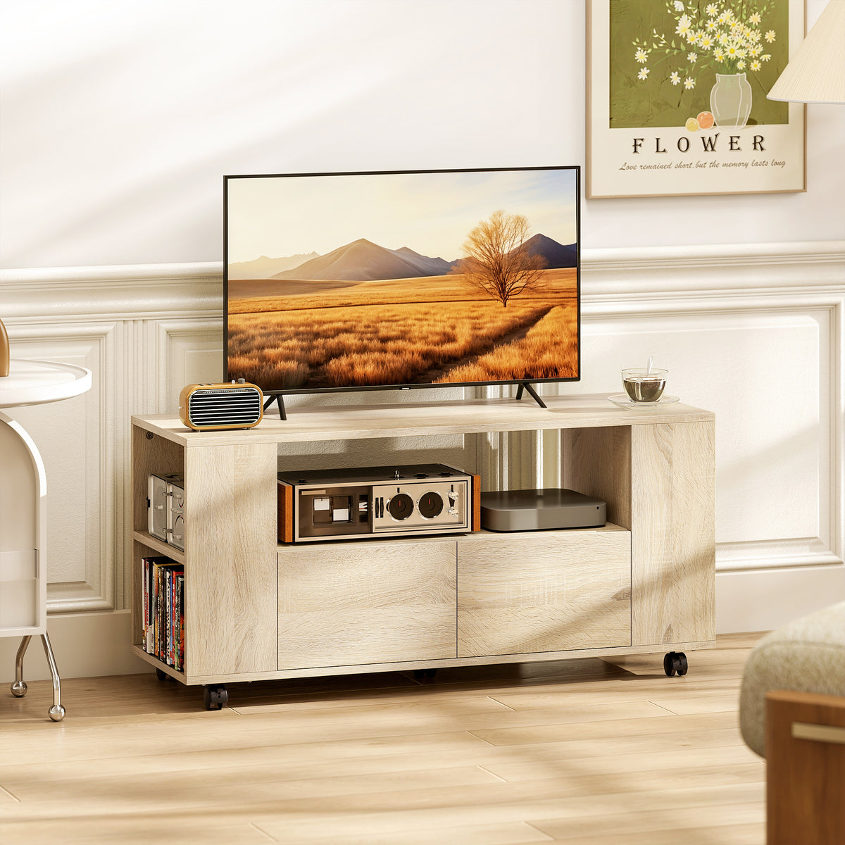 Meuble TV sur roulettes 102 cm, jusqu'à 42 pouces, 2 tiroirsjmπ0O0¨9OPN