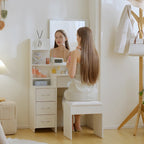 coiffeuse avec tabouret, grand miroir, étagères ouvertes, 4 tiroirs blanc