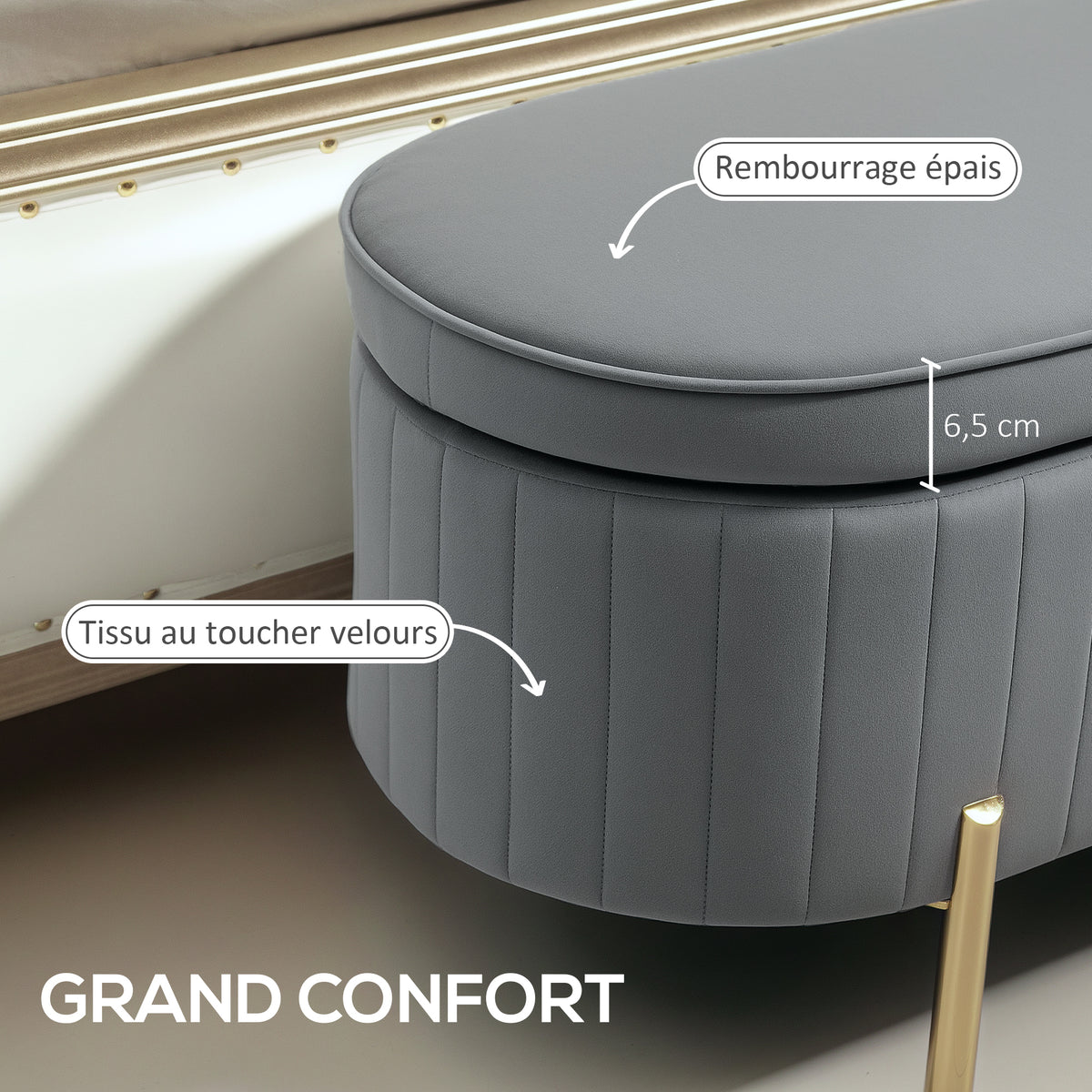Banc de rangement, bout de lit en velours, pieds en métal, 72 L, 108x44x43,5cm, gris