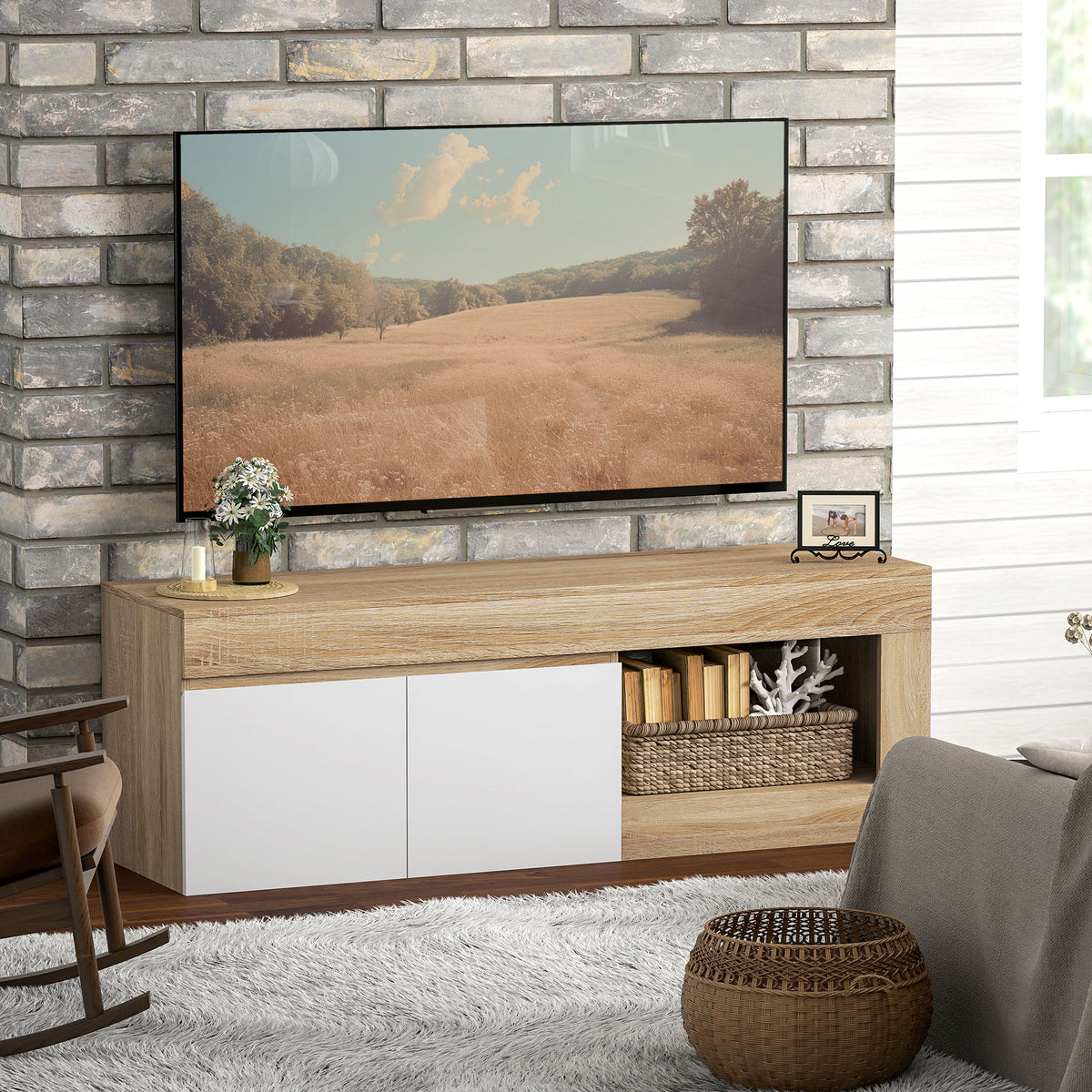 Meuble TV 2 portes jusqu'à 60 pouces, placard et étagère ouverte, effet bois naturel