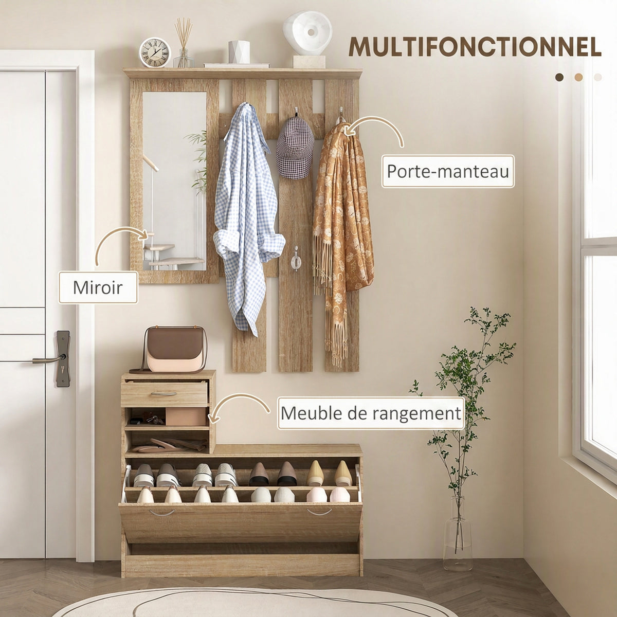 Meuble d'entrée avec porte-manteau, miroir et banc à chaussures - 6 crochets 90x10x91cm effet bois naturel