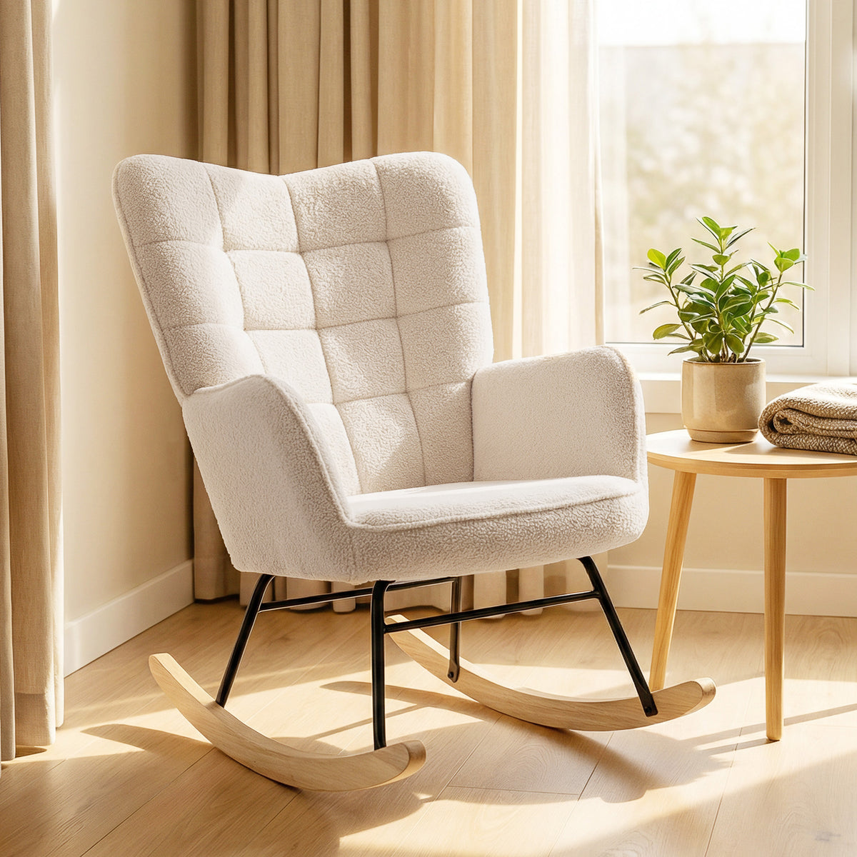 Fauteuil à bascule, effet laine, structure en acier 71 x 98 x 101 cm beige