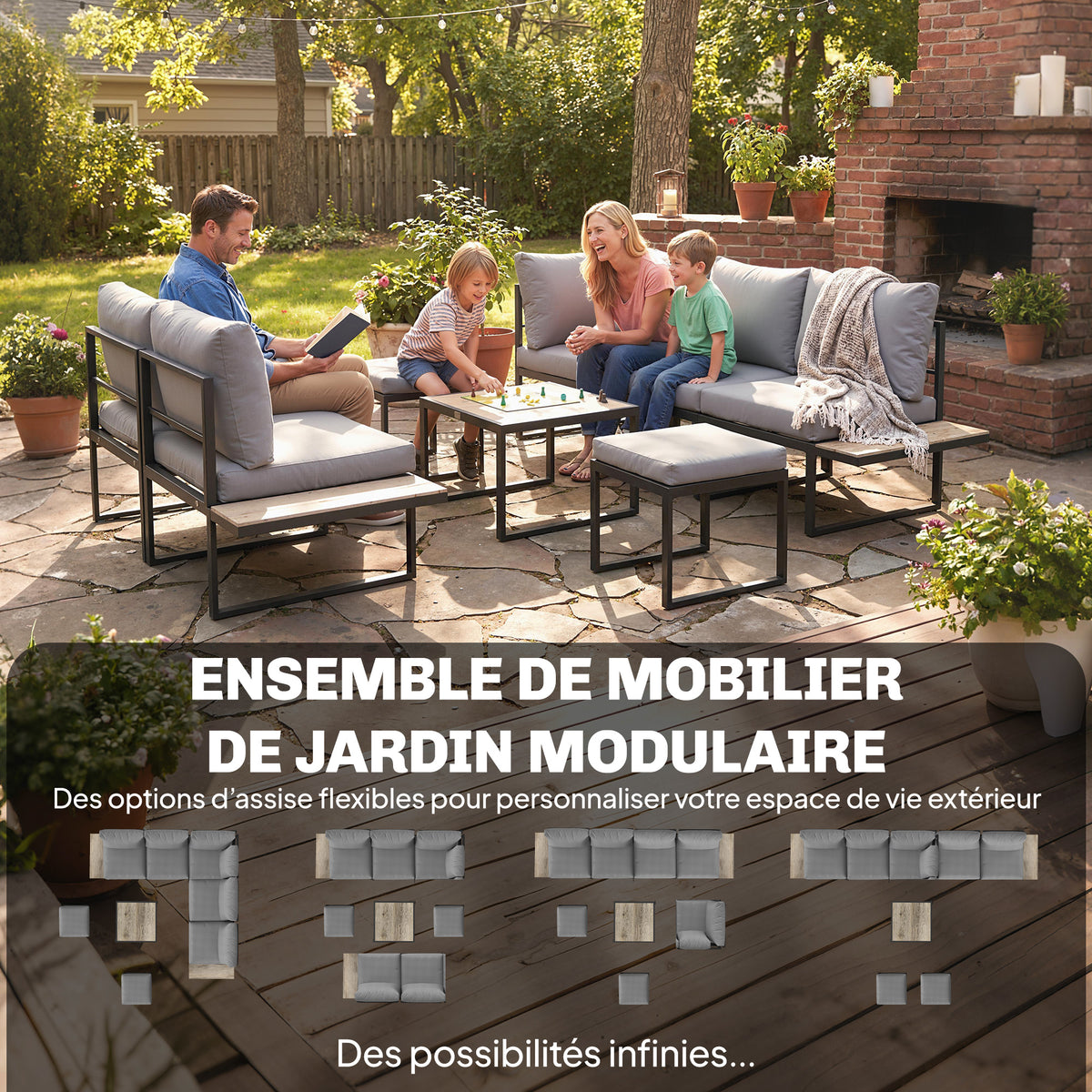 Salon de jardin extérieur 6 personnes modulable, coussins épais 10cm gris