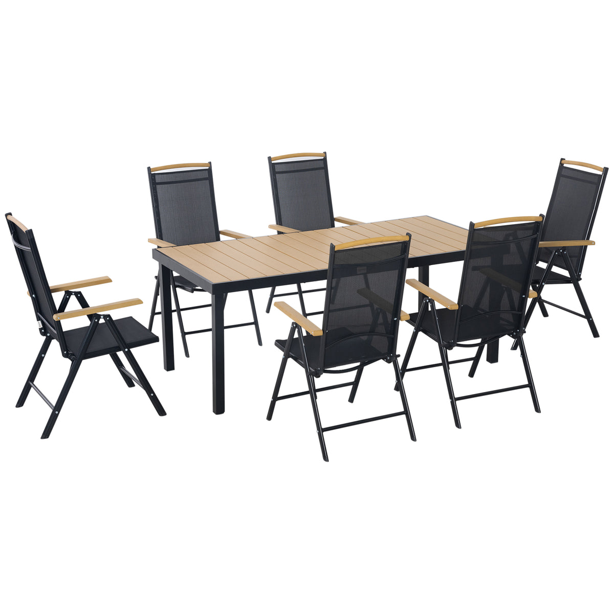 Salon de jardin 6 personnes, cadre en aluminium, table 190 cm, 6 chaises pliables et inclinables, noir