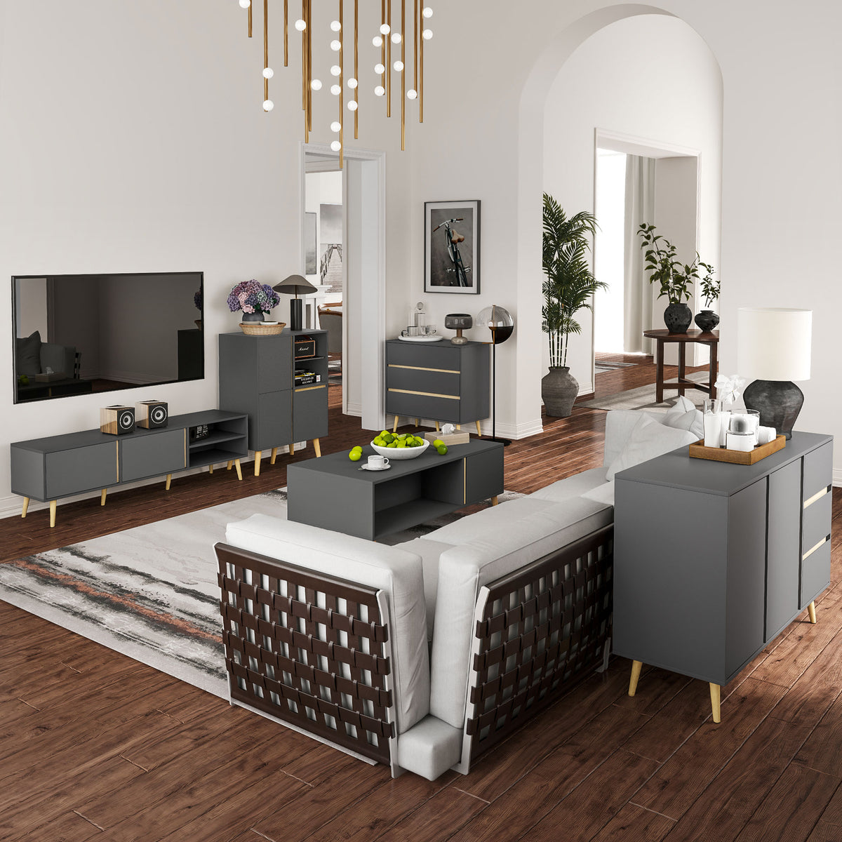 Meuble TV jusqu'à 55 pouces ,2 portes, 2 niches avec passe-câbles 150 x 35 x 45 cm gris foncé