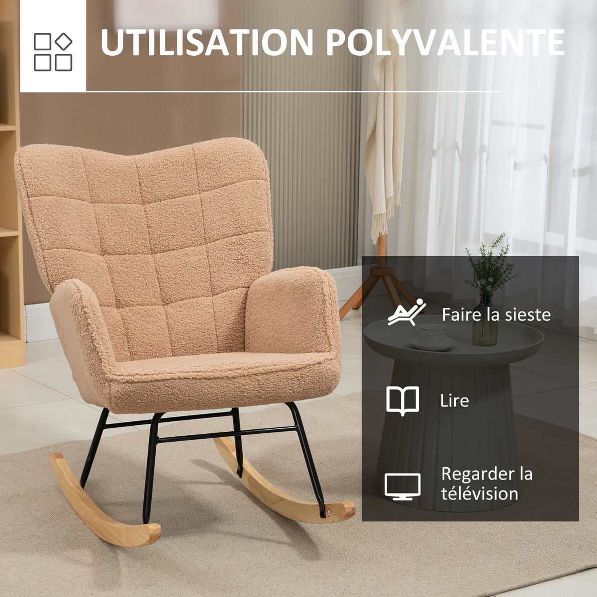 Fauteuil à bascule, effet laine, structure en acier 71 x 98 x 101 cm marron