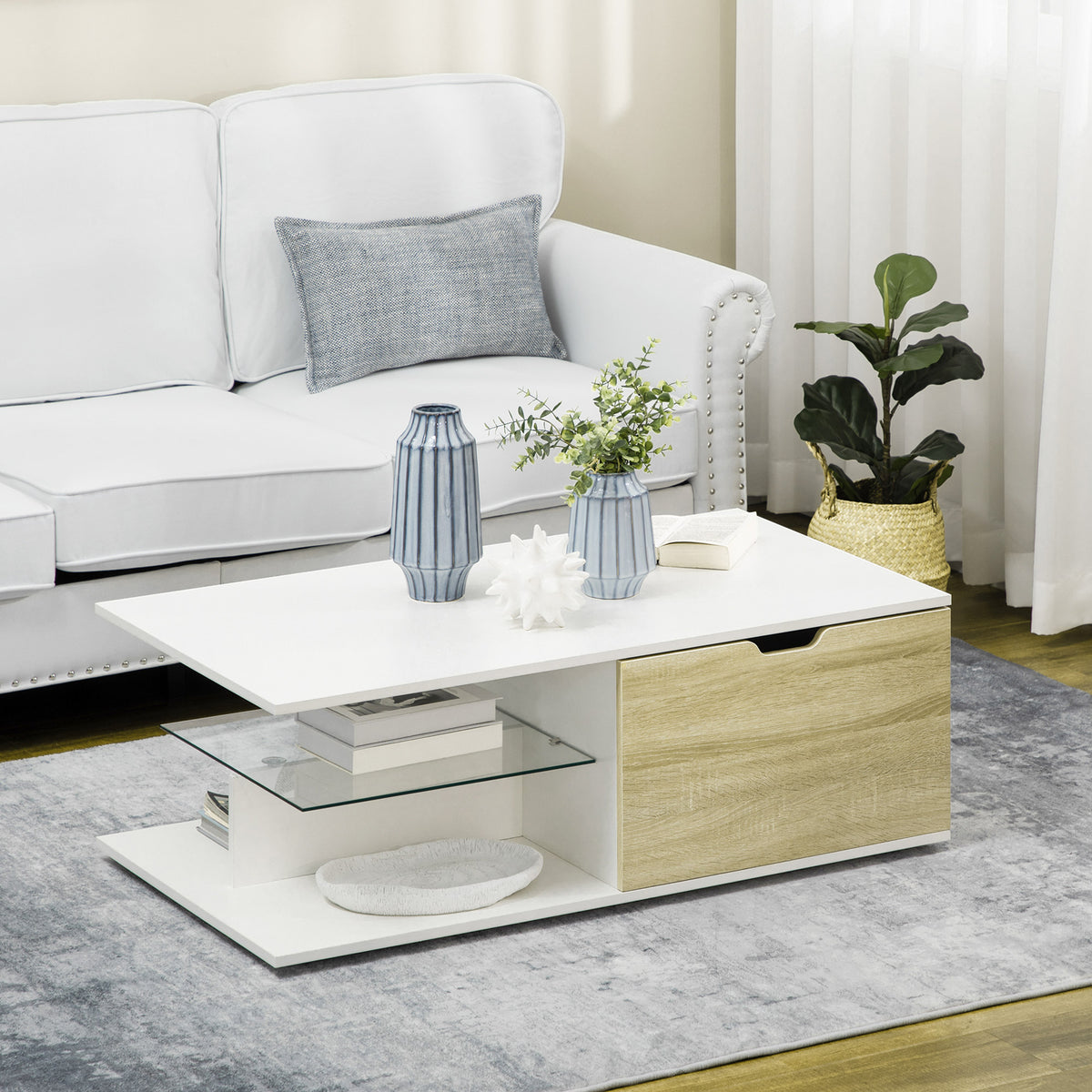 Table basse rectangulaire, 2 tiroirs 2 niches étagère verre trempé, chêne clair
