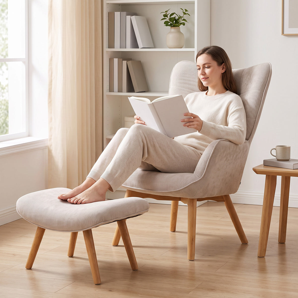 Fauteuil avec repose pied, pieds en bois et tissu aspect velours
