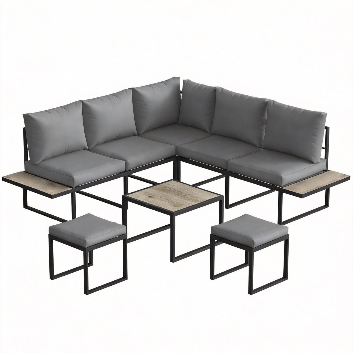 Salon de jardin extérieur 6 personnes modulable, coussins épais 10cm gris