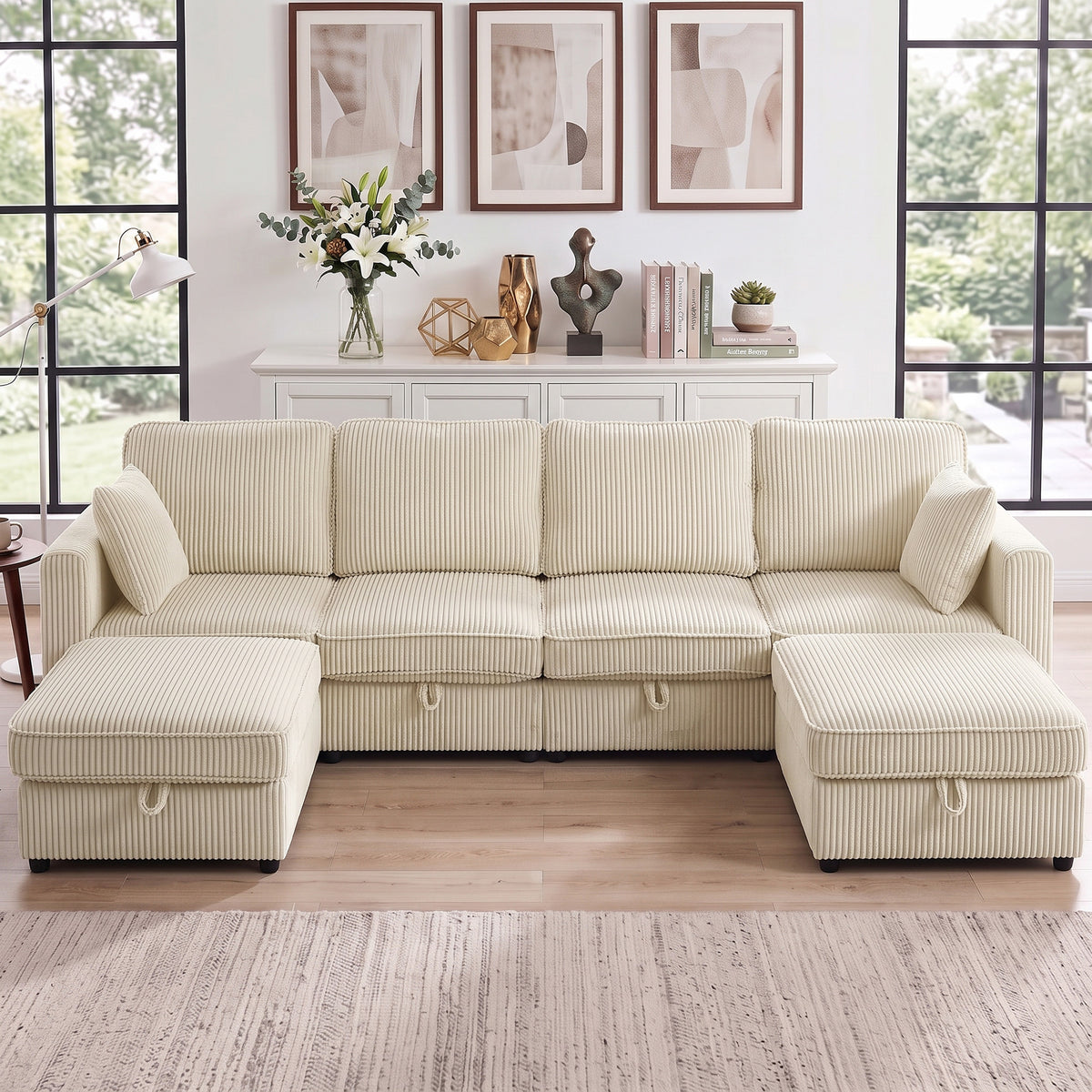 Canapé 4 Places avec 2 Poufs de Rangement, Modulable en U 306 cm en Velours, 4 Coussins, Crème
