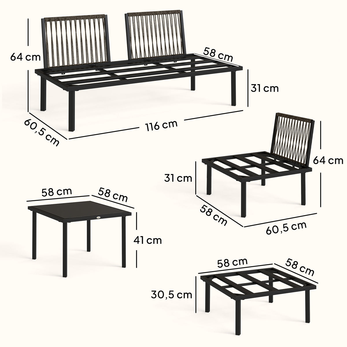 Salon de jardin modulable 6 personnes, table basse avec plateau en verre trempé, gris clair
