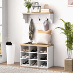Meuble d'entrée 2-en-1 porte-manteau mural + banc à chaussures, 75x30x50cm blanc et chêne