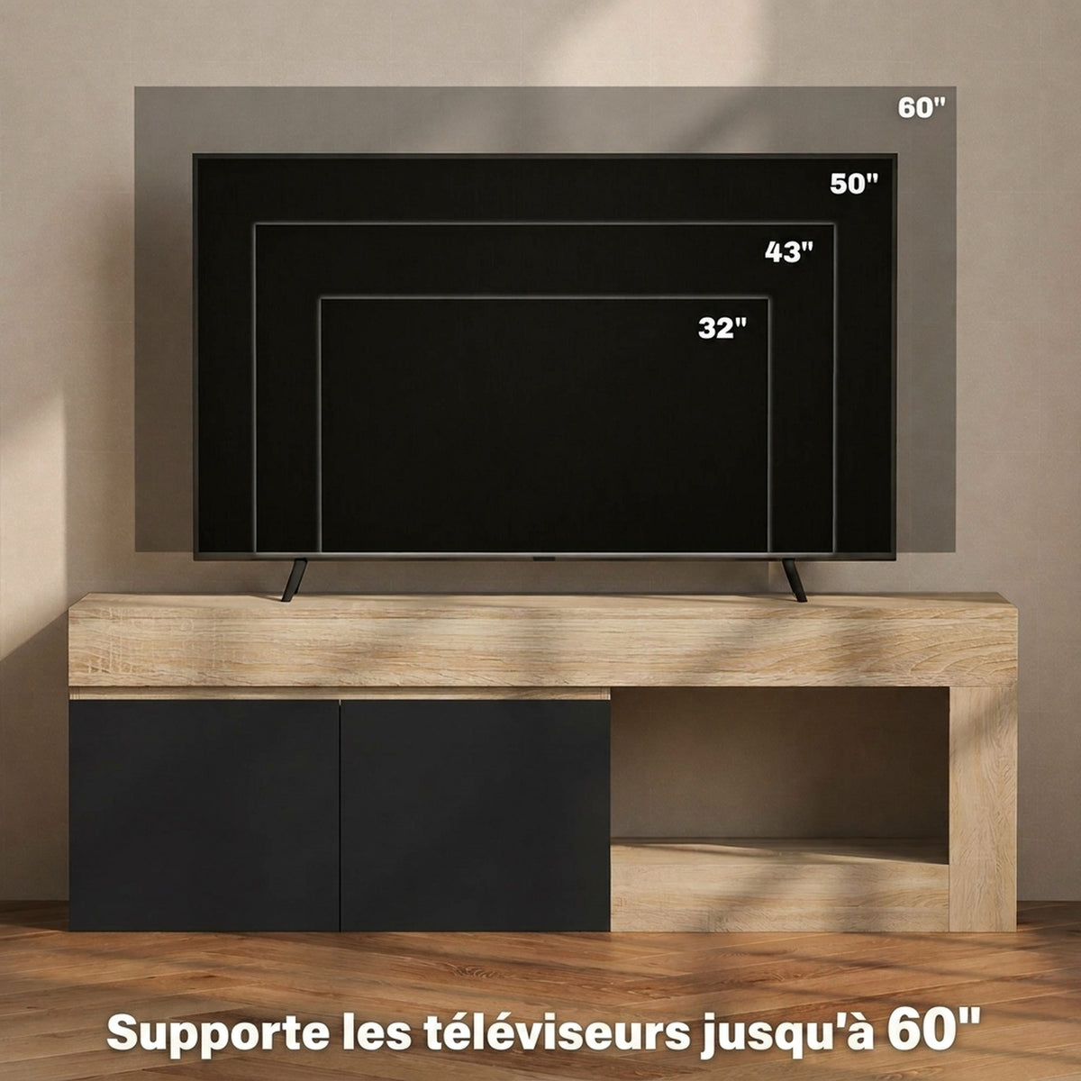 Meuble TV 2 portes jusqu'à 60 pouces, placard et étagère ouverte, noir