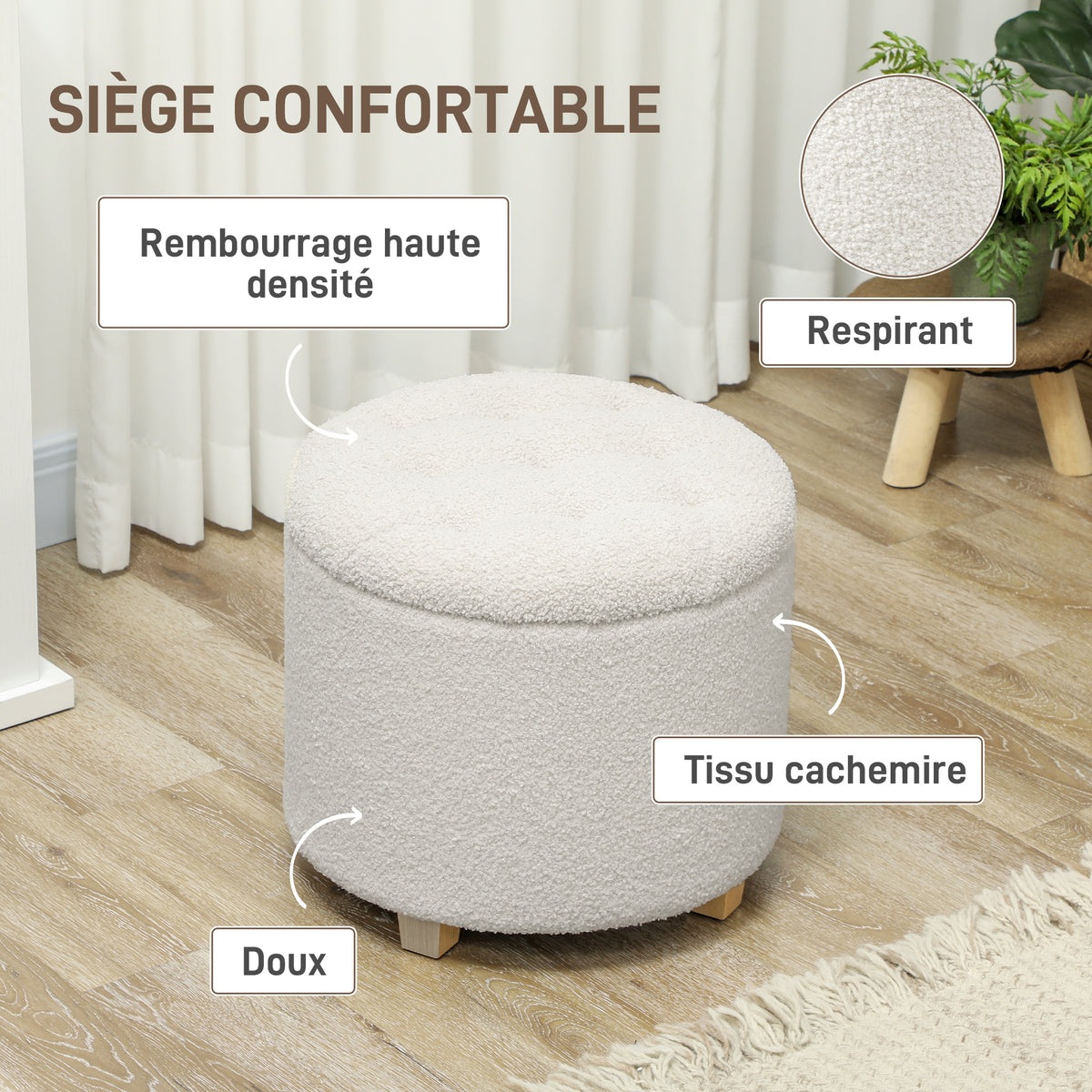 Pouf coffre rangement, repose-pieds, charge 120 Kg, Ø 45 x 41 cm, blanc