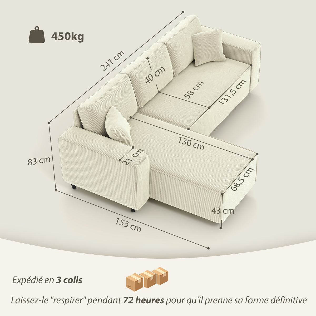 Canapé d'angle réversible 3 places avec coussins inclus, tissu velours côtelé, crème