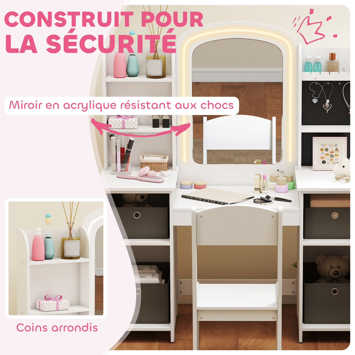 Coiffeuse pour enfants avec tabouret, miroir LED, table de maquillage 104 x 40 x 112 cm, blanc