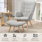 Fauteuil avec repose pied, pieds en bois et tissu aspect velours, gris