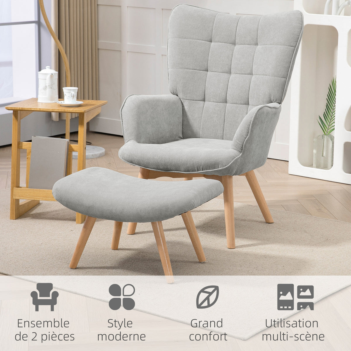 Fauteuil avec repose pied, pieds en bois et tissu aspect velours, gris