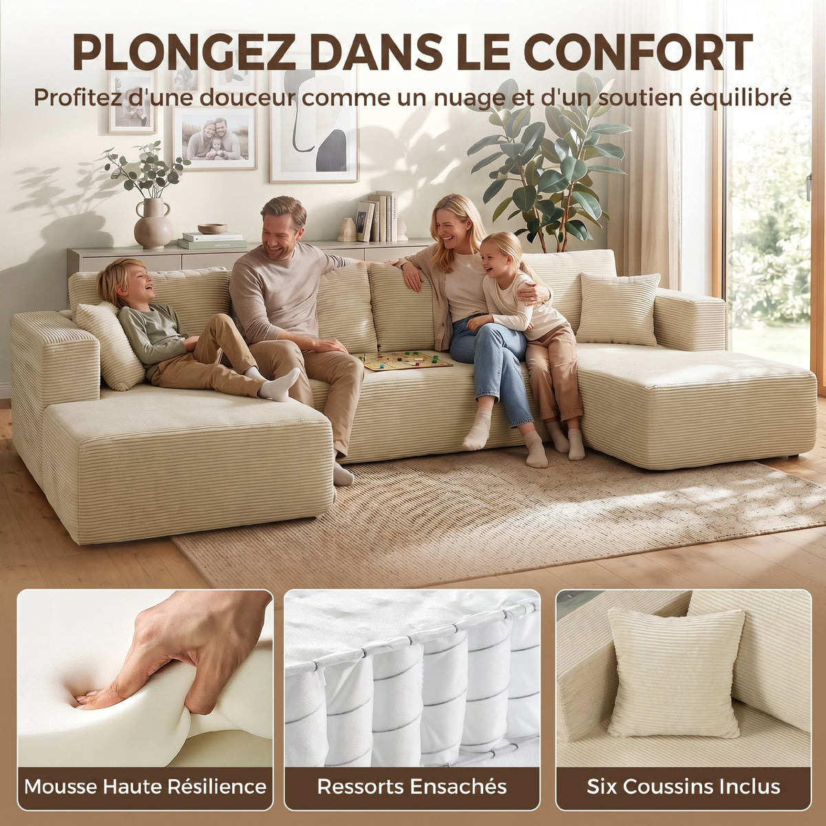 Canapé Modulaire en U Compressé 337 cm, 4 places en Velours Côtelé, Crème