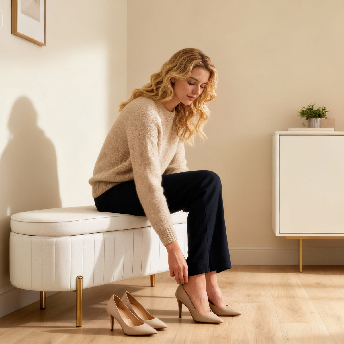 Banc de rangement, bout de lit en velours, pieds en métal, 72 L, 108x44x43,5cm, crème