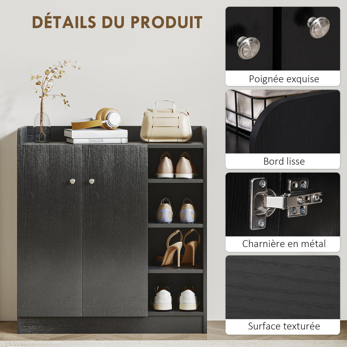 Meuble de rangement à chaussures 12 paires - 4 compartiments ouverts - noir