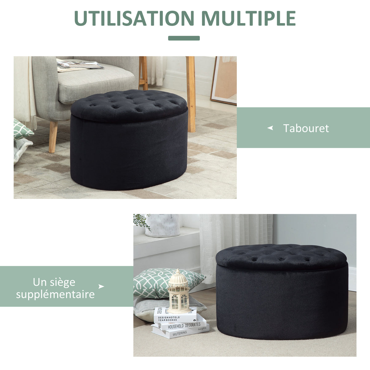 Banc de rangement rembourré avec espace de rangement 71 x 52 x 42 cm noir