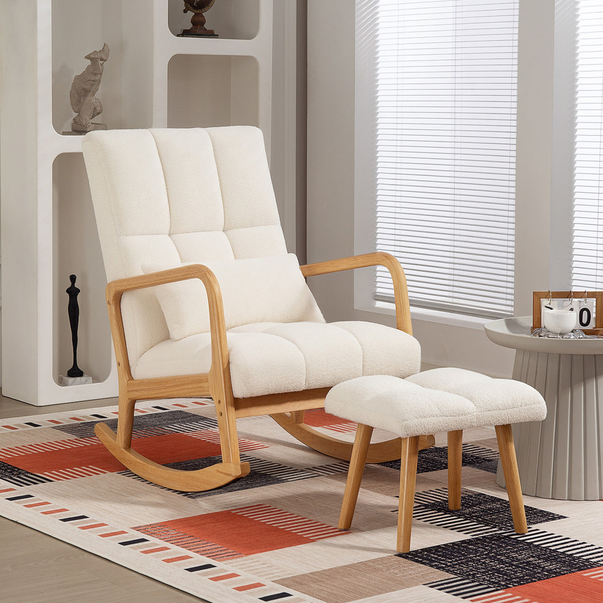 Fauteuil à bascule avec repose-pieds, en tissu, pieds en bois, 64,5 x 82 x 89 cm, blanc