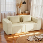 Canapé 3 places en velours, 2 coussins, 202x90x76cm, beige