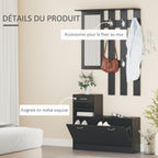 Meuble d'entrée 3 en 1, porte-manteau, miroir et banc à chaussures noir