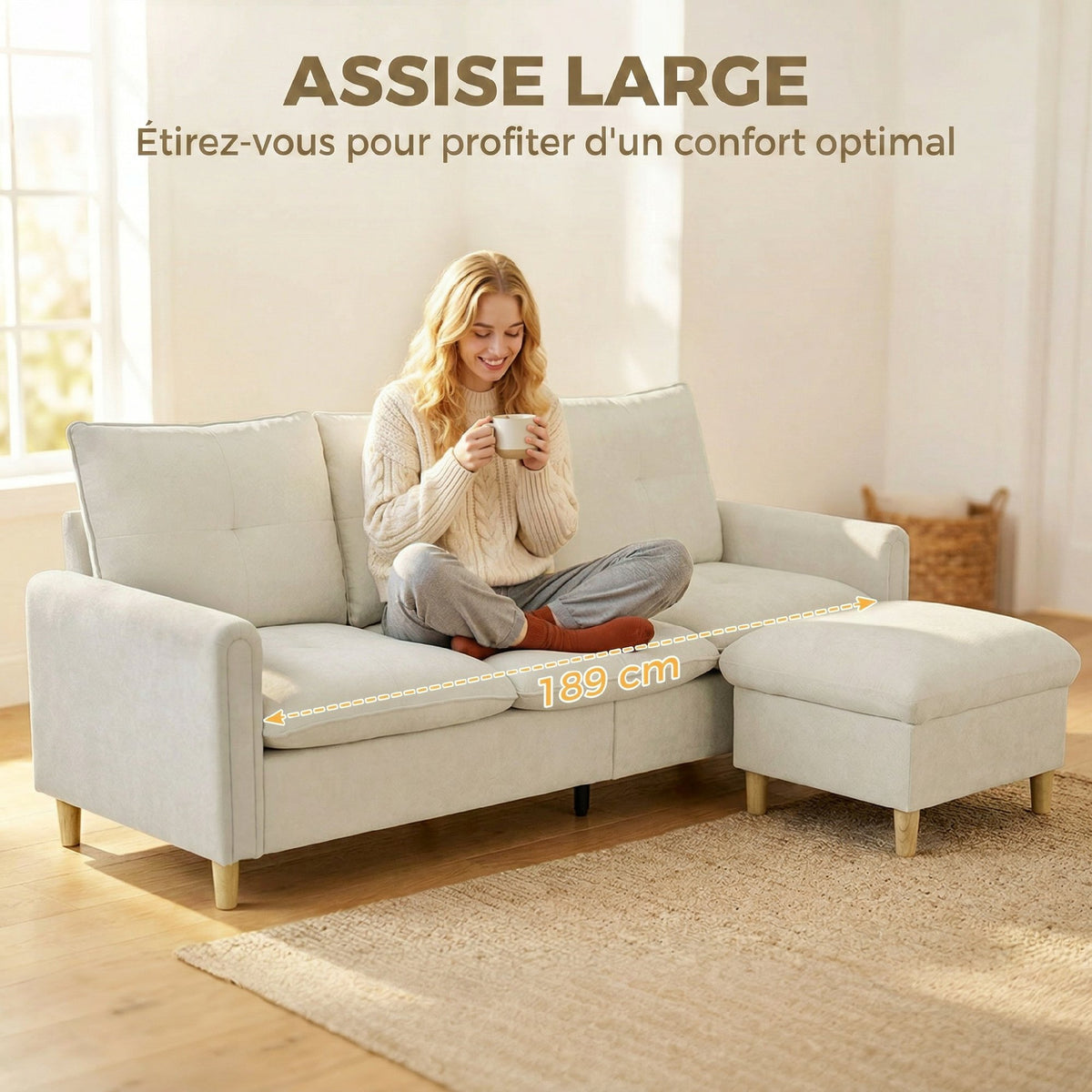 Canapé 3 places avec pouf de rangement, modulable 210 cm, tissu aspect lin, crème