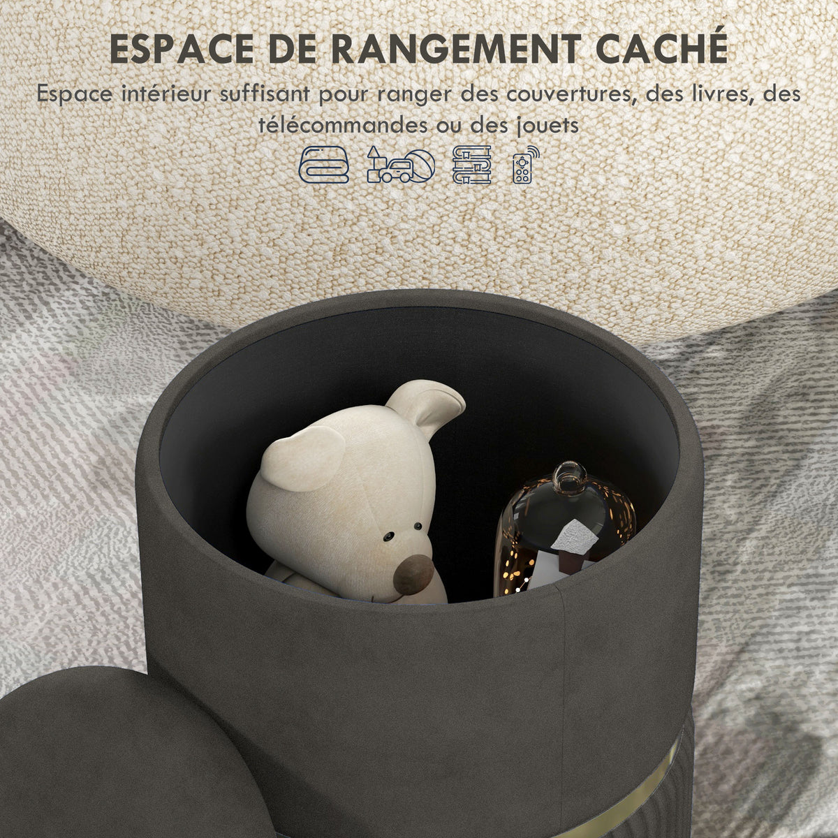 Pouf tabouret repose-pied coffre de rangement en velours 36 x 36 x 44 cm gris