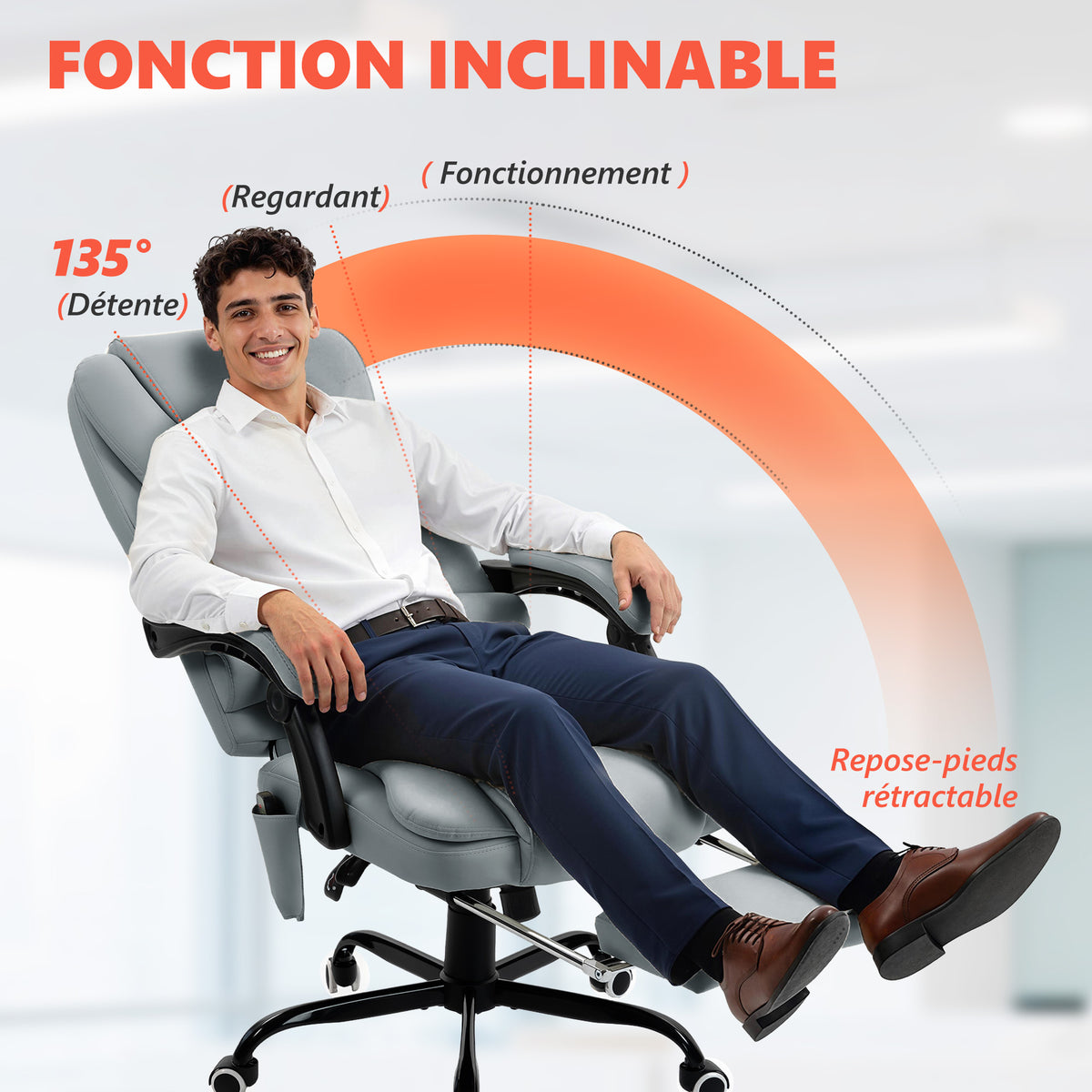 Fauteuil de bureau massant, inclinable et télécommande filaire, gris