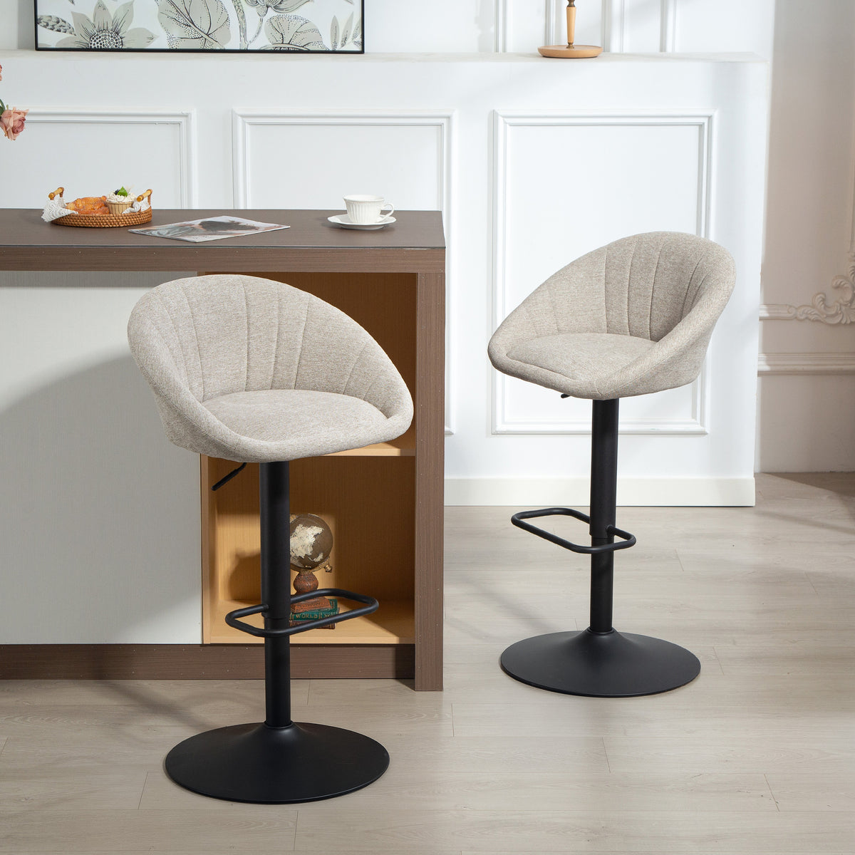 Lot de 2 tabourets de bar, repose-pieds, beige