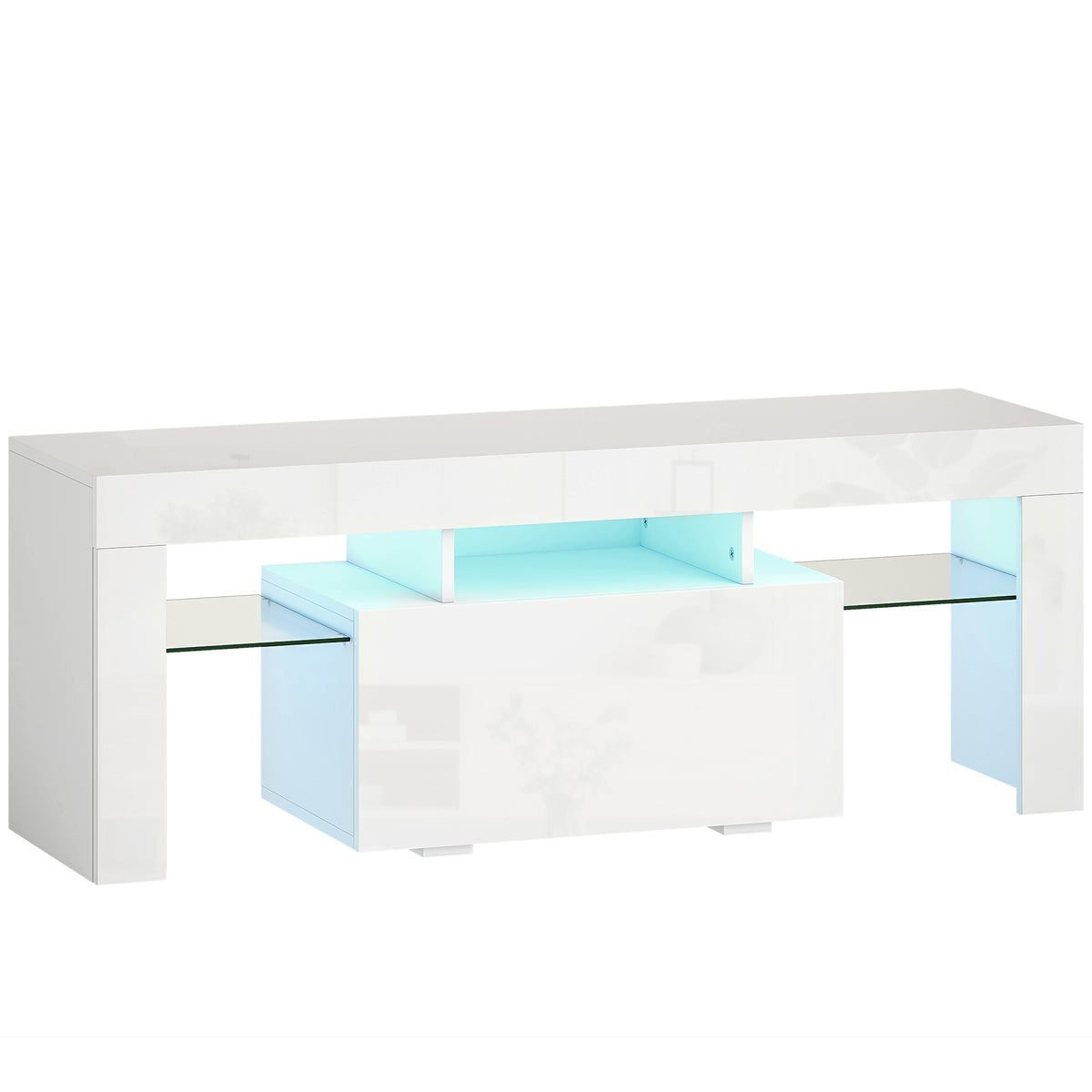 Meuble TV, éclairage LED, étagères en verre trempé, 120x34x45cm, blanc