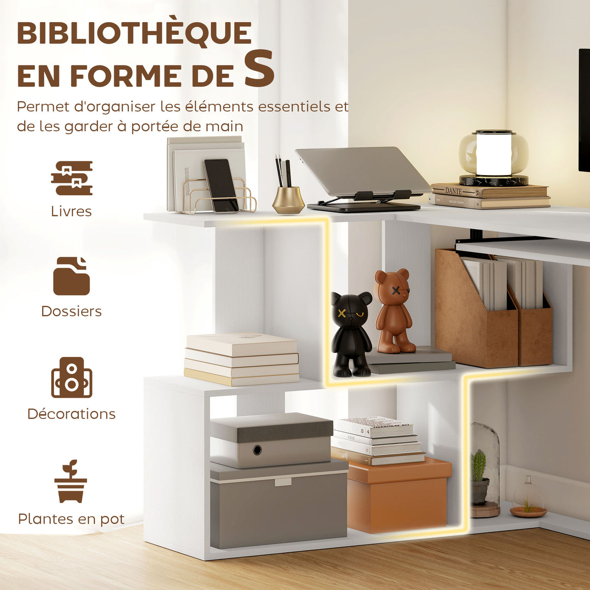 Bureau d'angle bureau en L, plateau à clavier coulissant, 120x100x76cm, blanc