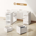 Bureau d'Angle, 3 Tiroirs, 5 Compartiments, Étagères Réglables, 140x100x75cm, Blanc