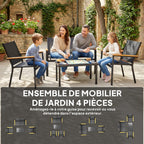 Salon de jardin extérieur 4 pièces avec canapé 2 places, 2 chaises et table basse en verre trempé, noir