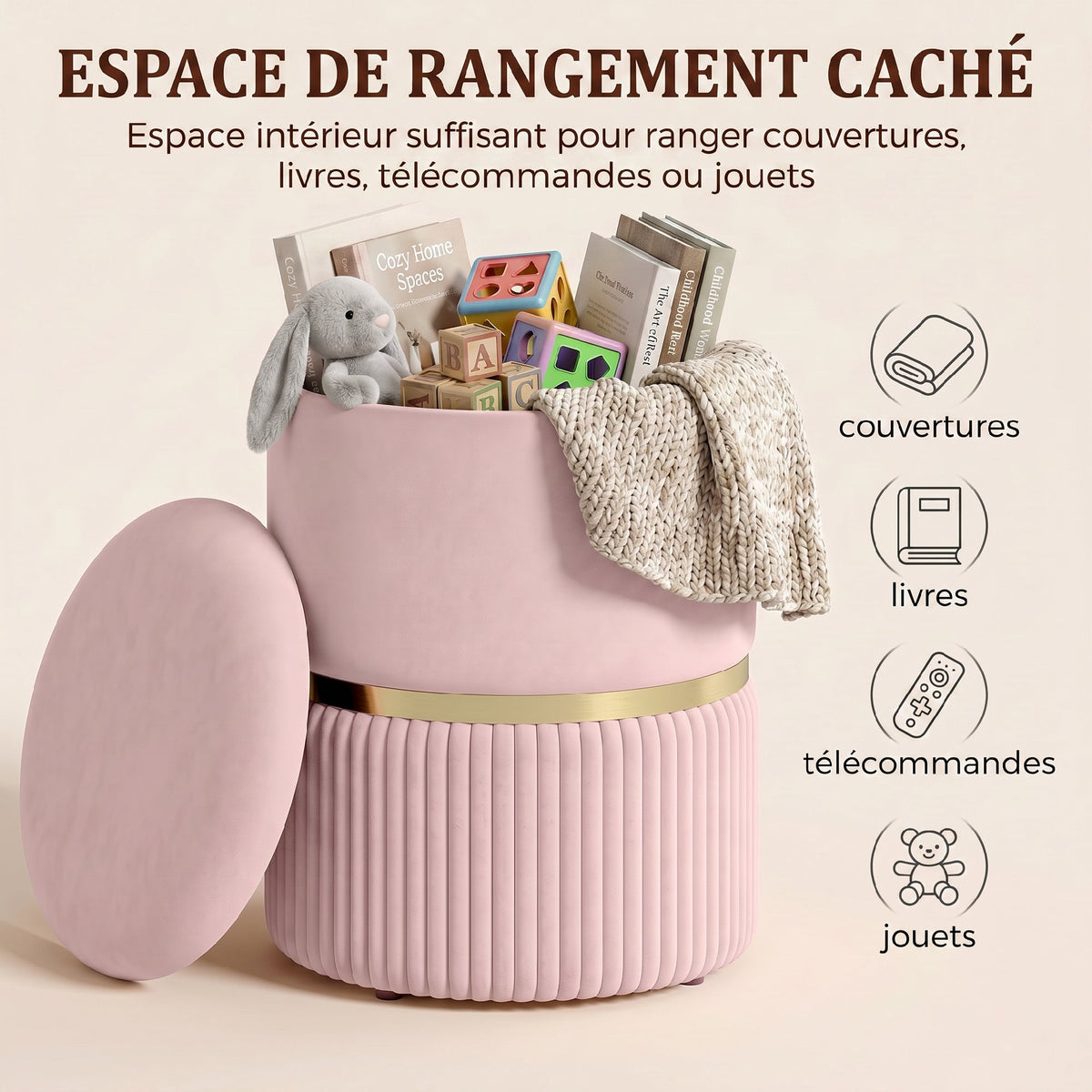 Pouf tabouret repose-pied coffre de rangement en velours 36 x 36 x 44 cm rose