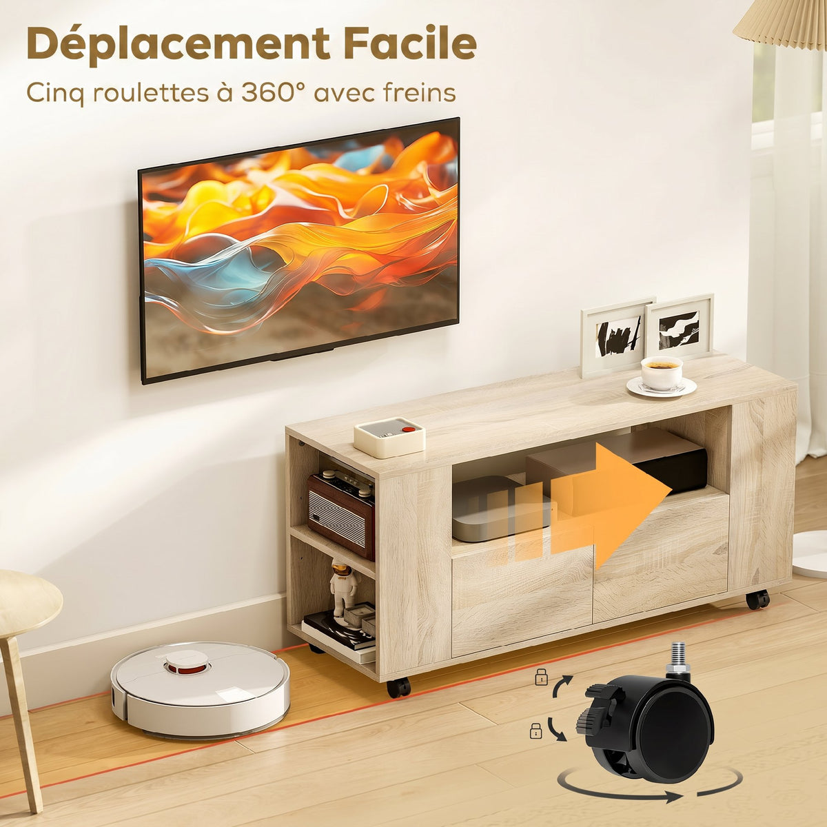 Meuble TV sur roulettes 102 cm, jusqu'à 42 pouces, 2 tiroirsjmπ0O0¨9OPN