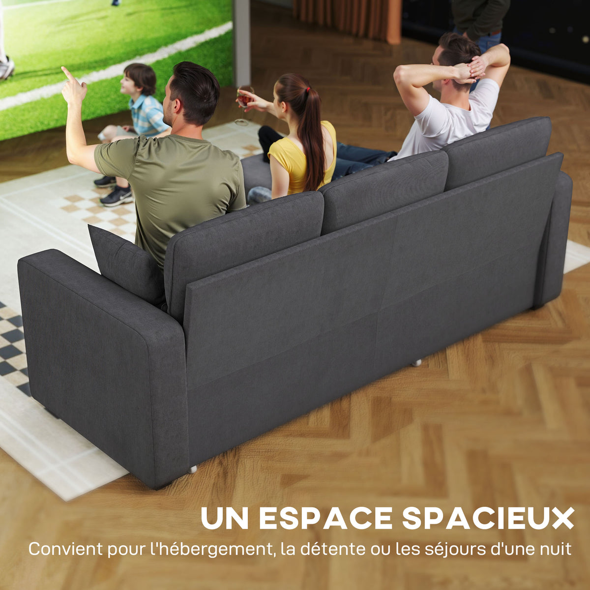 Canapé d'angle convertible en velours, canapé-lit 3 places, coussins, 205x135x76cm, gris