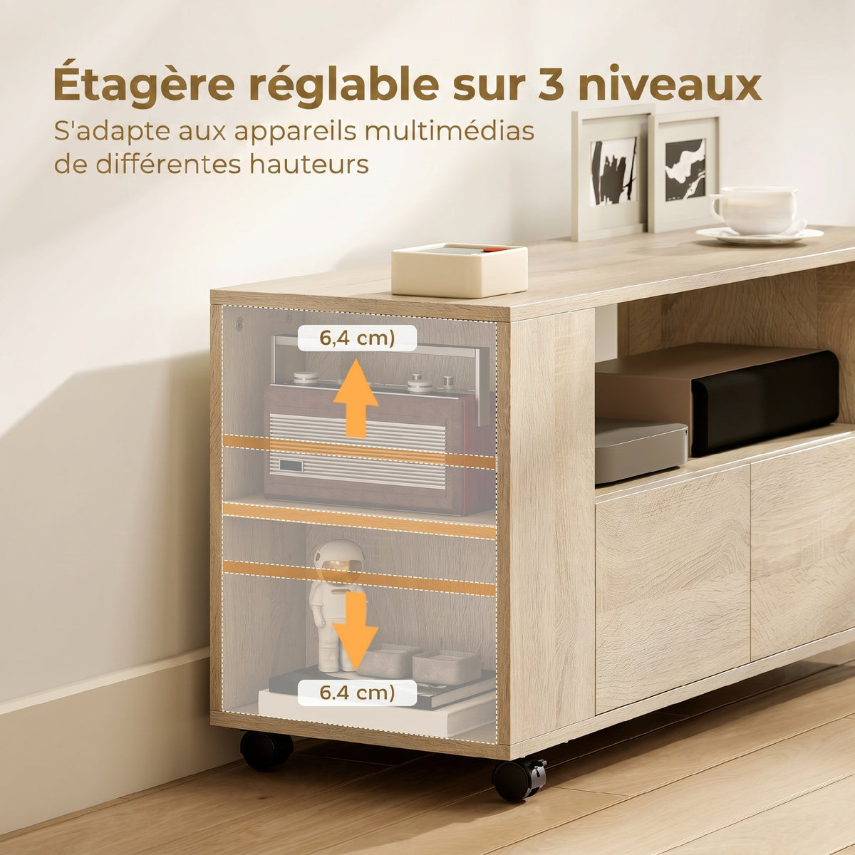 Meuble TV sur roulettes 102 cm, jusqu'à 42 pouces, 2 tiroirsjmπ0O0¨9OPN