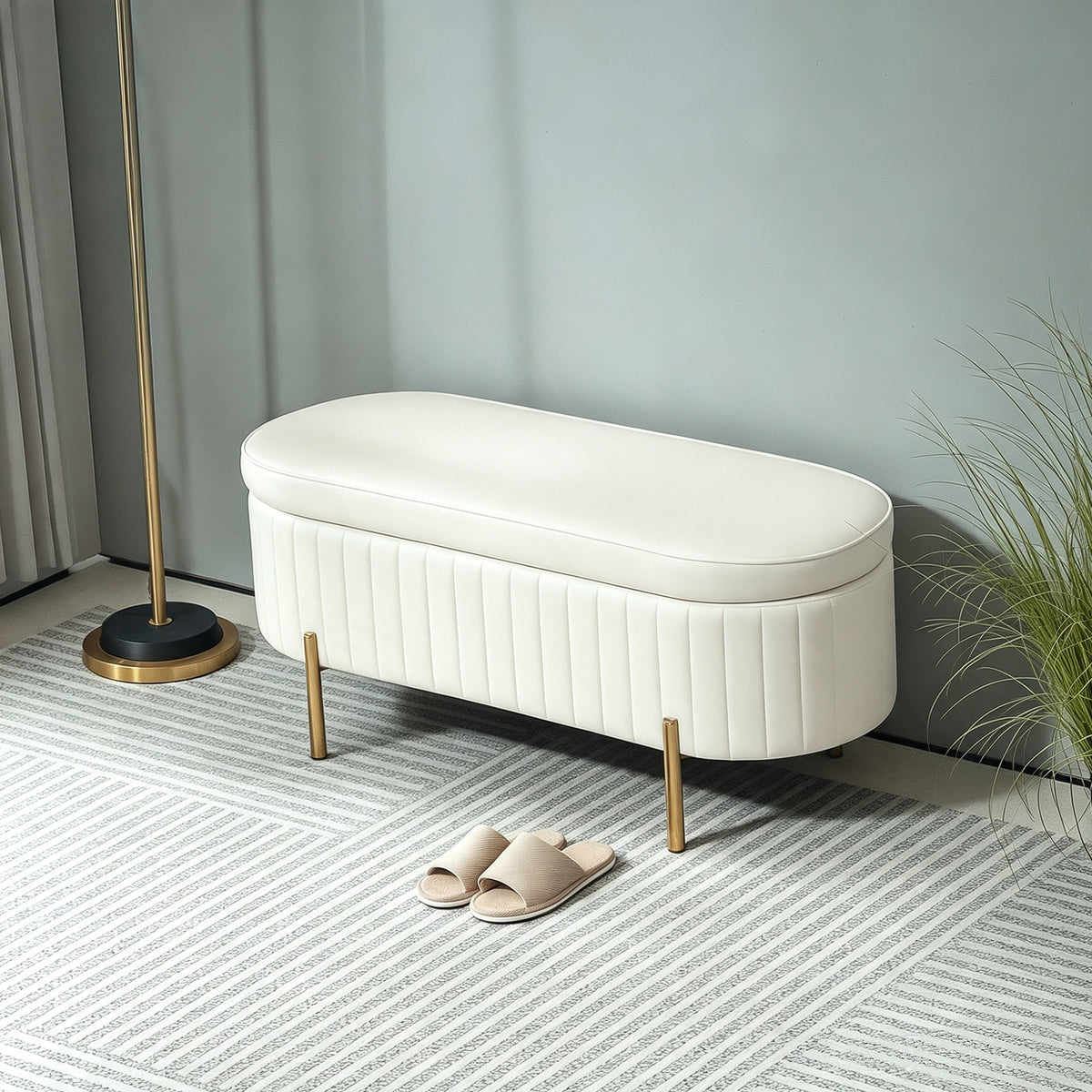 Banc de rangement, bout de lit en velours, pieds en métal, 72 L, 108x44x43,5cm, crème