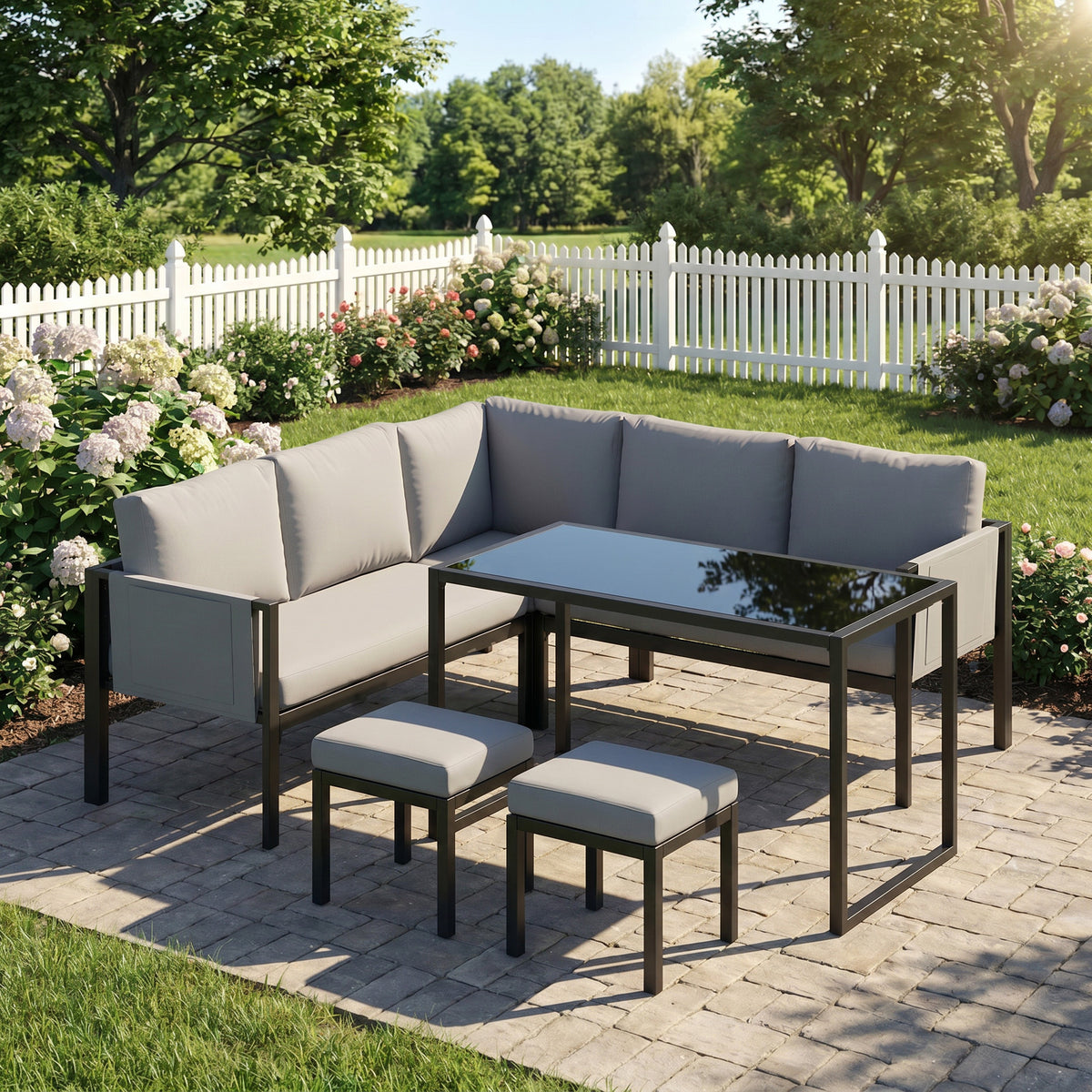 Salon de Jardin Canapé 6 Pièces Coussins 10cm Table Haute et 2 Repose-pieds Gris