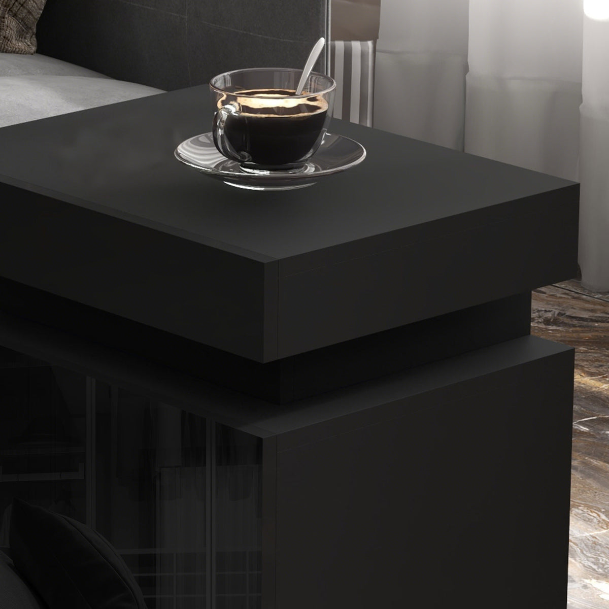 Table de chevet lumière LED RVB haute brillance avec 2 tiroirs noir