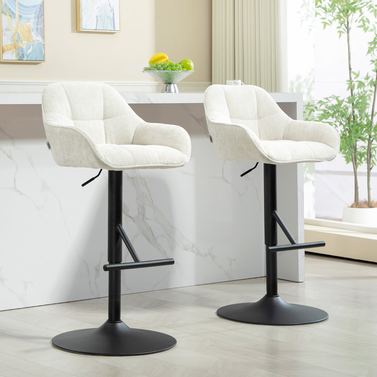 Lot de 2 tabourets de bar, tissu effet lin et base en acier 52,5 x 53 x 86,5-108 cm crème